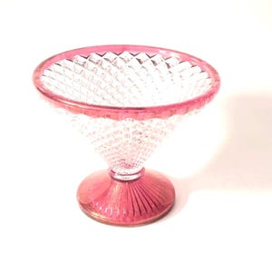 Vintage Ruby Red Rim Glass Diamond Pattern Compote/ Footed Candy Dish