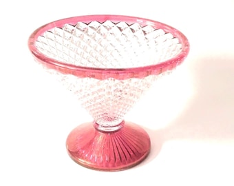 Vintage Ruby Red Rim Glass Diamond Pattern Compote/ Footed Candy Dish