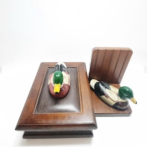 Vintage Albert E Price Men Caixa de joias de pato de madeira ou porta-cartões e suporte para livros