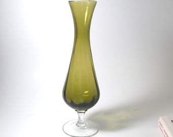 Vintage Olive Green Blown Glass Bud Vase Clear Base Mid Century