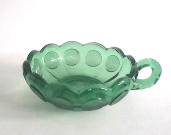 Vintage Fostoria Coin Glass Green Bowl With Handle