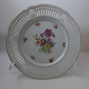 Vintage Germany US Zone Reticulated Porcelain Decorative Plate Pink Floral Gold Trim