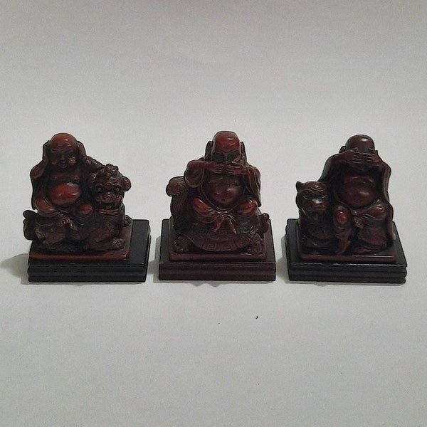 Three Buddha Hear Speak See No Evil Red Resin Statue Figurines