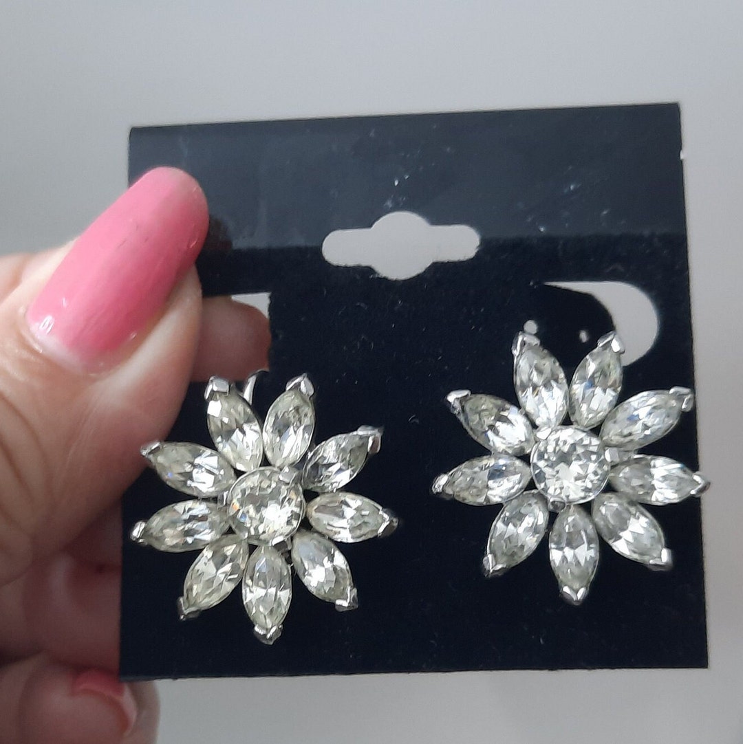 Vintage Kramer NY Rhinestone Screw on Earrings Silver Tone
