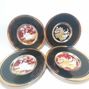 The Art Of CHOKIN Decoration Plates Swan And Peacock Black With Red And 24 KT Gold Edged