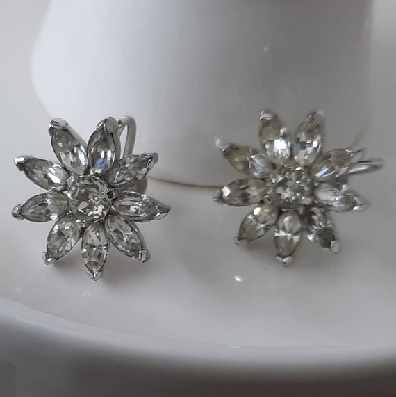 Vintage Kramer NY Rhinestone Screw on Earrings Silver Tone