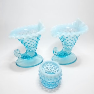 Vintage Fenton Blue Opalescent Glass Hobnail Cornucopia Vases