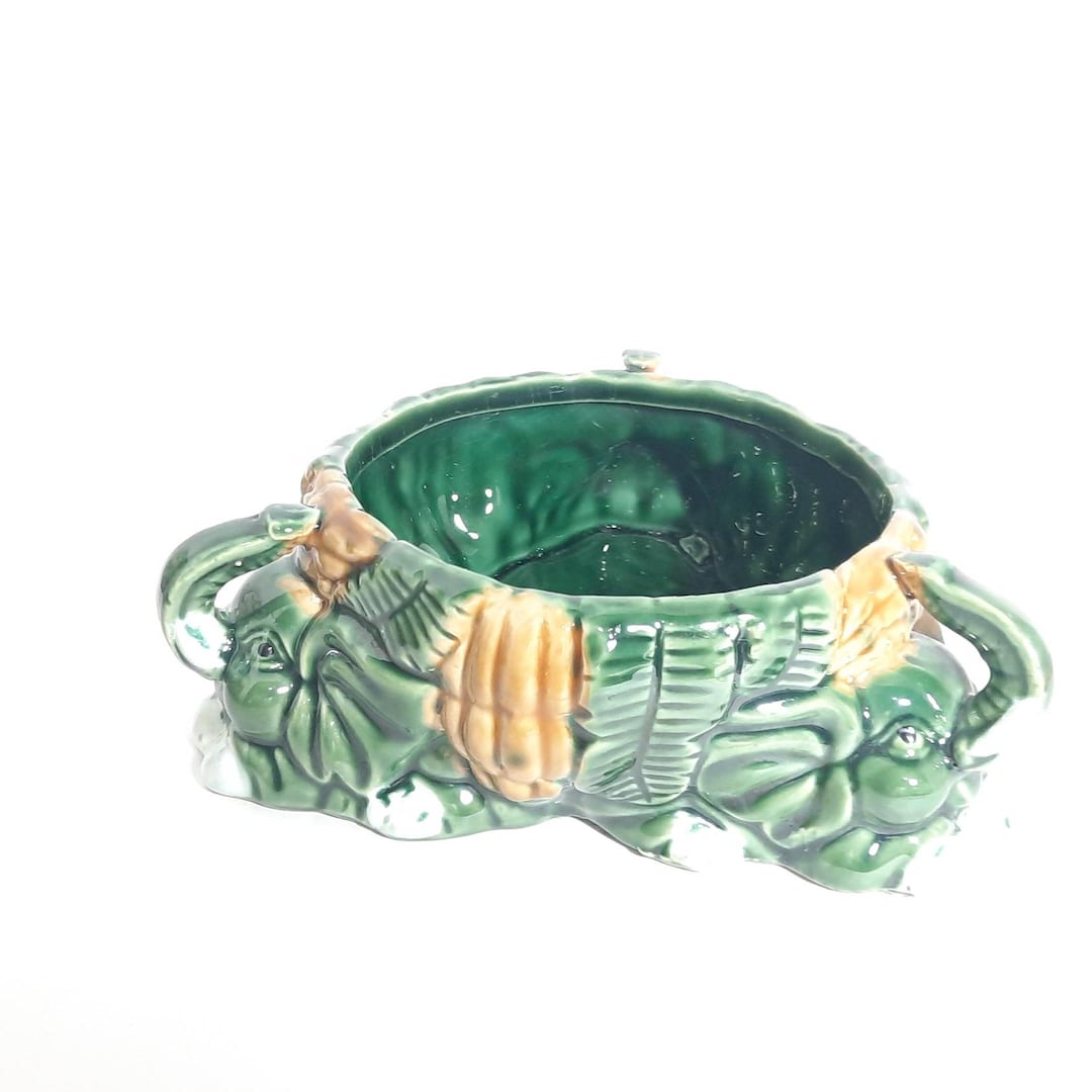 Majolica Ceramic Green Elephant Planter Trunk Up - Etsy