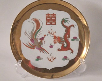 Vintage Chinese Porcelain Ceramic Charger Plate Hand Painted Red Dragon Gold Gilt