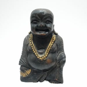 Vintage Wooden Black Buddha Statue Carve in India, 5 inches Tall