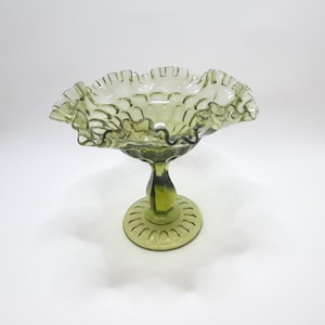 Vintage Fenton Green Glass Ruffled Compote