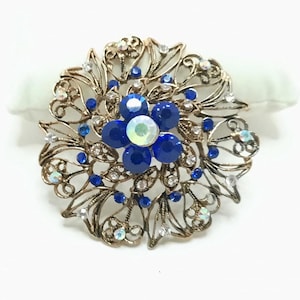 Vintage Aurora Borealis Blue Gold Tone Brooch Pin