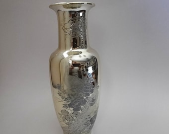 Vintage Gold Color Etched Floral Peacock Vase