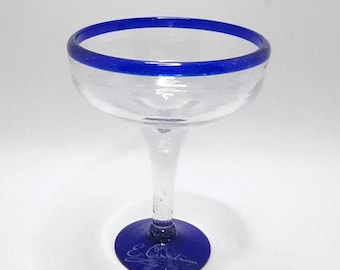 Vintage Mexican Margarita handblown Glass Signed E Cointreau Cobalt Blue And Clear