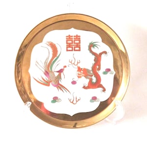 Vintage Chinese Porcelain Ceramic Charger Plate Hand Painted Red Dragon Gold Gilt