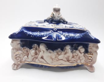 Vintage Italian White And Blue Jewelry Trinket Box Hand Painted With Scene