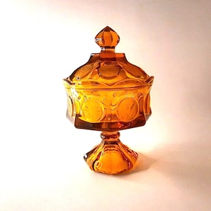 Vintage Amber Gold Coin Pattern Compote Candy Dish Bowl With Lid