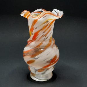 Art Glass Swirl Ruffle Vase Hand Blown Orange and White