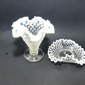 Vintage Fenton Opalescent Hobnail Ruffled Glass Vase 2 pc set