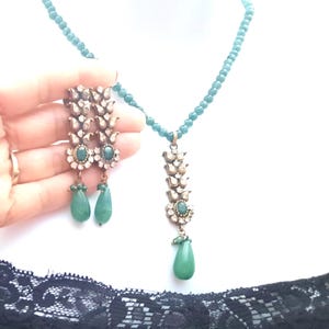 Vintage Emerald Necklace and Earrings set with Rhinestones