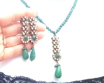 Conjunto de collar y pendientes de esmeralda vintage con diamantes de imitación