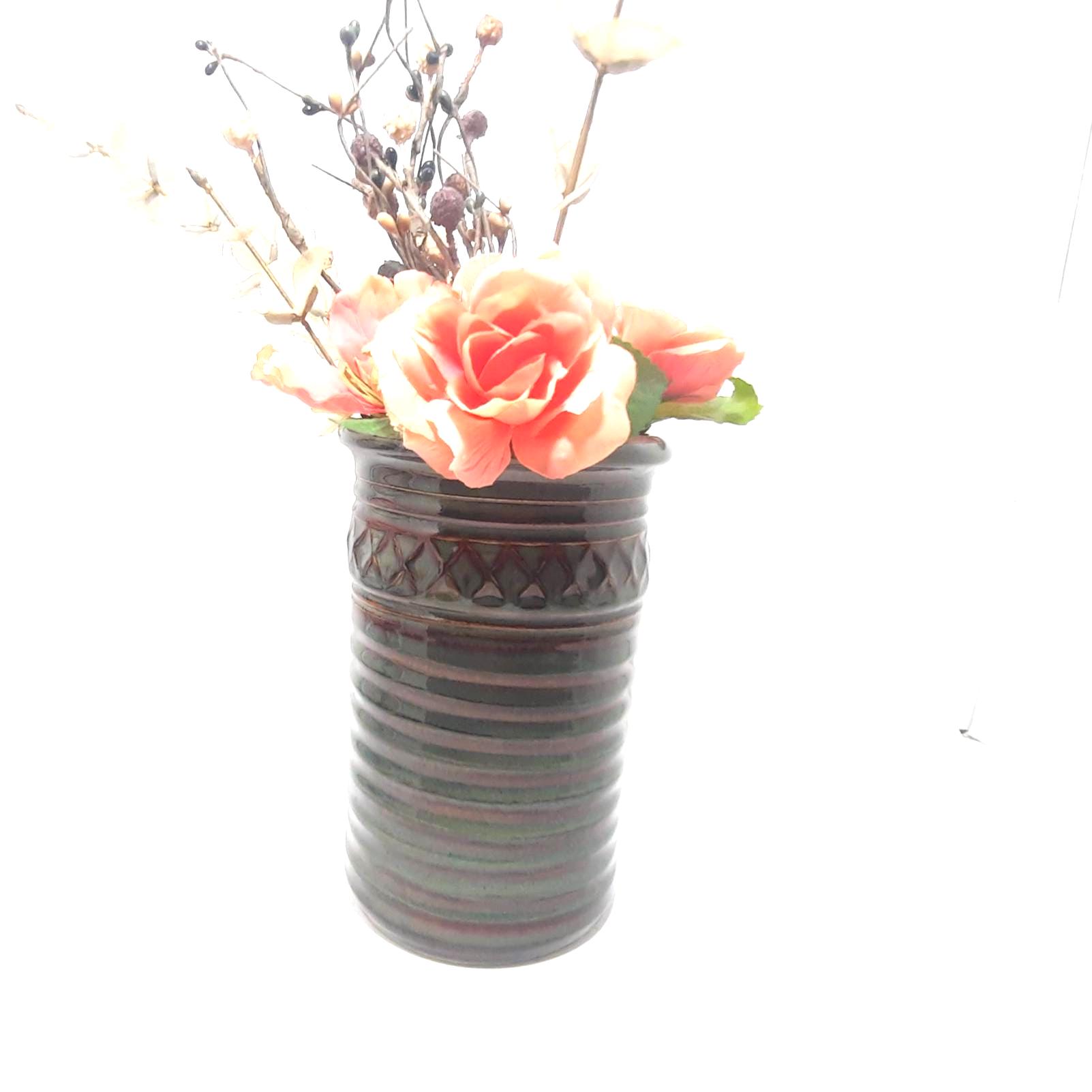 アーティストのサイン入り手作り花陶器緑と茶色の花瓶 - Etsy 日本