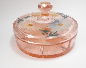 Vintage Hand painted Pink Depression Glass Divided Trinket Dish