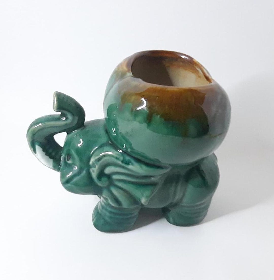 Vintage Green Elephant Planter Trunk Up - Etsy