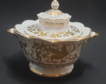 Vintage Porcelain Hand Painted Candy Bowl Dish White With Golden Leaves