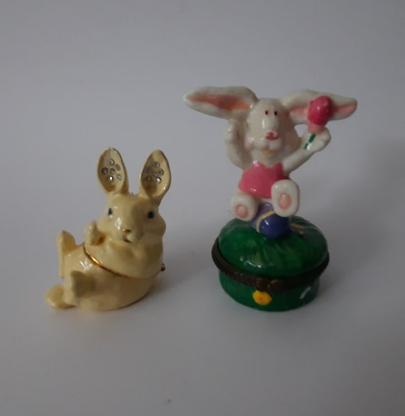 Enameled Ceramic Jeweled Bunny Rabbit Lot Ot Two Trin… - Gem