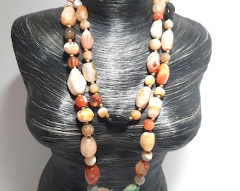 Vintage 35" Multi-Color Agate Stone Necklace, Polished Natural Gemstone Beads, Barrel Clasp Earth Tone Boho Jewelry
