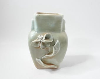 Handmade California Pottery Vase: Green & Peach Floral Design