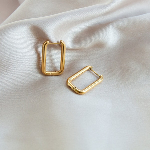 Rectangle Hoop Earrings Gold, Link Hoop, Oblong Rectangle Earrings, minimalist, U Shaped Earrings Hinged, last minute jewelry gifts her