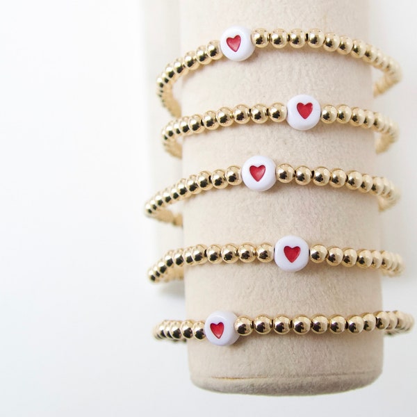 Heart Jewelry Gift, 14K Goldfill Beaded Bracelet, bracelet stacking, water resistant, gift ideas for girls