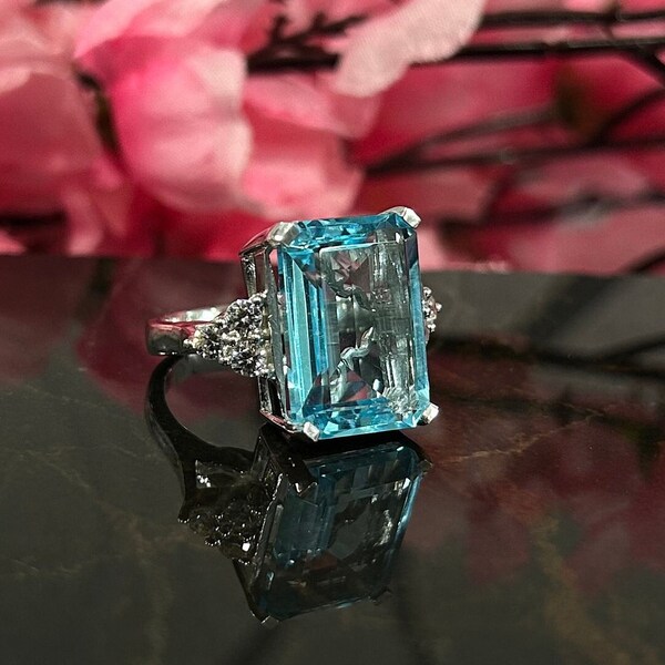 20Ct. Emerald Cut Aquamarine Ring- Diamond Engagement Ring- Unique Wedding Ring- March Birthstone- Statement Ring- Promise Ring Gift For Her