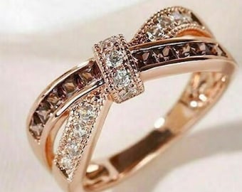 Princess Cut Champagne Diamond Ring Love Knot Wedding Band Ring 14K Rose Gold Finish Modern Engagement Ring Brown Diamond Promise Ring Gifts