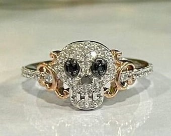 Skull Coco 1/5Ct Black & White Diamond Sugar Skull Ring 925 Silver Skull Ring 14K Rose Gold Over Cartoon Skull Wedding Ring, Goth Ring