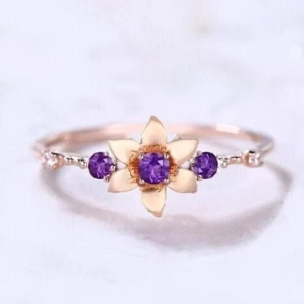 Tangled Rapunzel Amethyst Engagement Ring- 14K Rose Gold vermeil- Rapunzel Magic Sunflower Ring- Princess Ring- Dainty Stackable Ring- Gifts