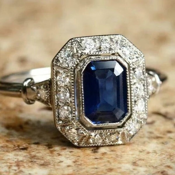 Antique Blue Sapphire Halo Diamond Ring, Vintage Wedding Ring Art Deco Ring, Engagement Ring Birthstone Bridal Ring Women's Anniversary Gift
