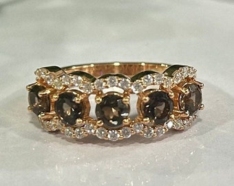 Natural Brown Diamond Ring- Eternity Band Engagement Ring Gold Vermeil Wedding Band Ring- Dainty Promise Ring- Brown Smoky Quartz- Gifts
