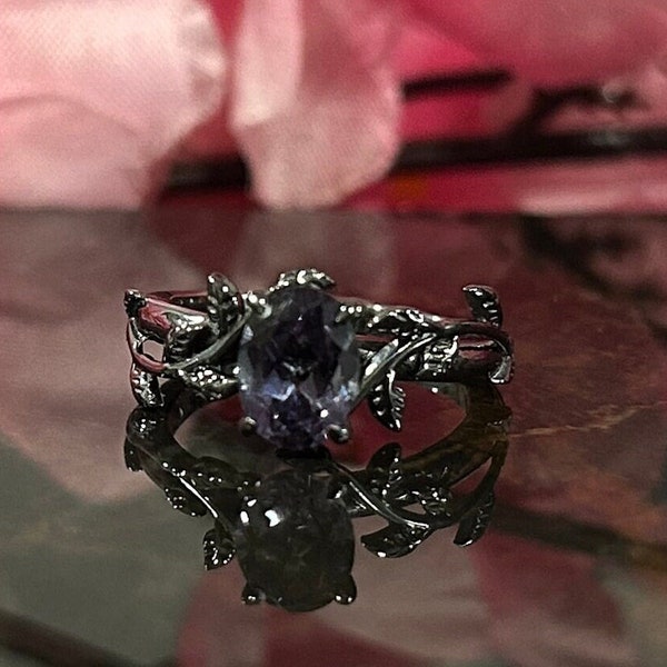 Antique Natural Alexandrite Ring Black gold Vermeil Leaf Wedding Ring Black Engagement ring Promise Ring jewelry for Women Anniversary Gift