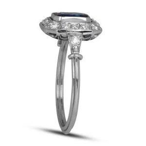 Antique Blue Sapphire Halo Diamond Ring, Vintage Wedding Ring Art Deco Ring, Engagement Ring Birthstone Bridal Ring Women's Anniversary Gift image 3