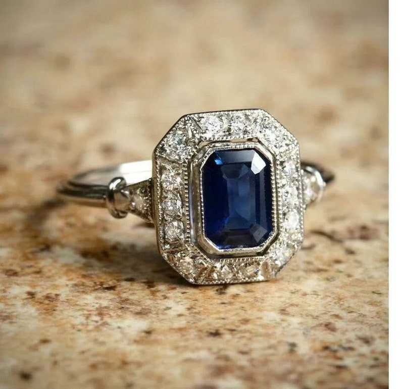 Antique Blue Sapphire Halo Diamond Ring, Vintage Wedding Ring Art Deco Ring, Engagement Ring Birthstone Bridal Ring Women's Anniversary Gift image 1