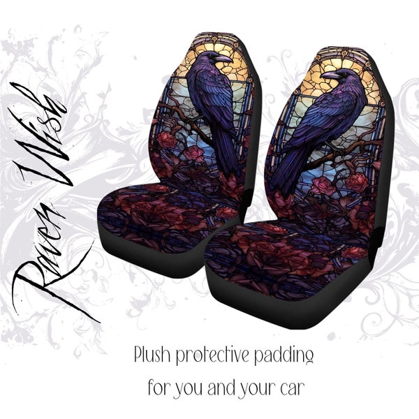 Rose Raven Car Seat Cover With Padded Back Stained Glass Window-Look Gothic Cathedral Spirit Animal Guide Protector Mythic Odin's Ravens