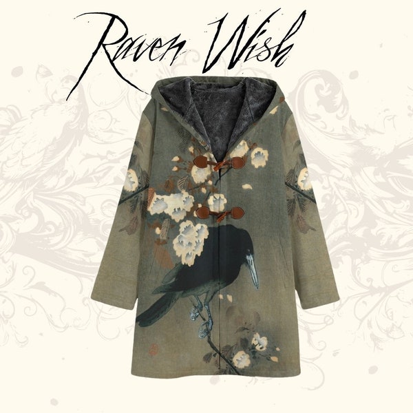 Koson Crow Hooded Cloak Outerwear Overcoat Raven Woodblock Print Fleece Jacket Witchy Clothes Trench Coat Cherry Tree Olive Green Witch Bird