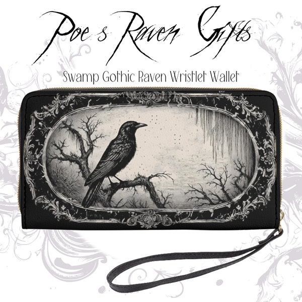 Poe's Swamp gothique corbeau avec dragonne portefeuille à fermeture éclair scène goth corbeau accessoires de sorcière Halloween bracelet à fermeture éclair pochette pour adulte gothique