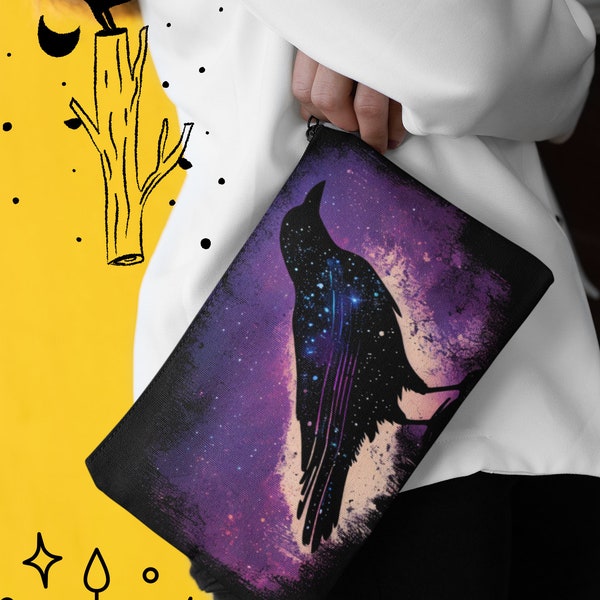 Starry Wings Goth Raven Silhouette Pouch Inky Purple-Black Night Makeup/Pencil Bag Accessory Pouch Corvidcore Stash Bag Art Supply Zippered