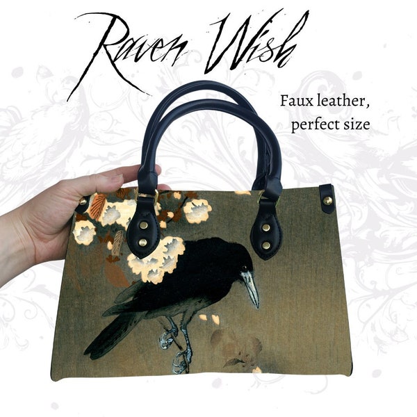 Crow Purse Olive Green Floral Handbag | Ohara Koson Calming Japanese Art Print Vegan Leather Witchy Spirit Animal Guide Japan Raven Bag