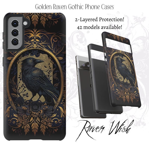Golden Raven Guardian Phone Case iPhone Samsung Galaxy Google Pixel Crow Cell Cover Elegant Gothic Filigree Details Crowcore Tough Cases
