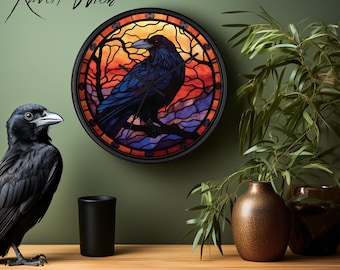 The Raven Sunset Clock Stained Glass-Look elegant Halloween Home Decor Gifts for Crow Lovers